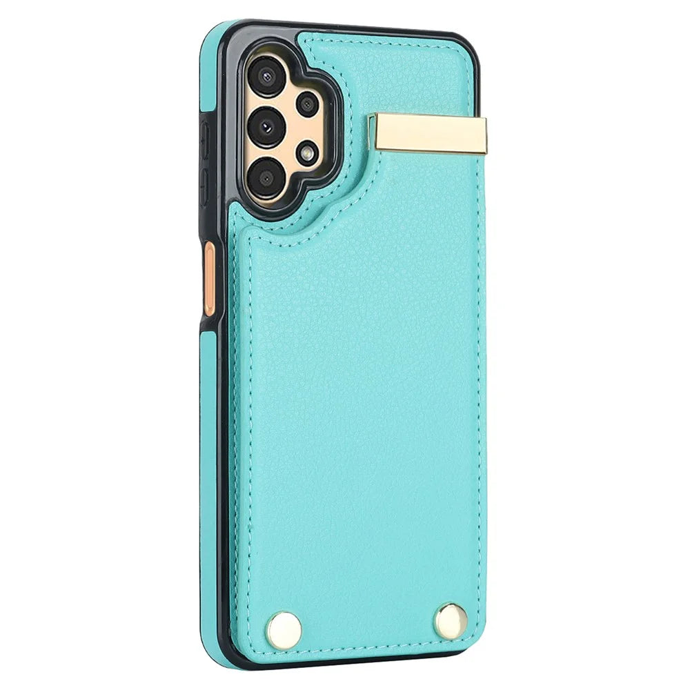 For Samsung Galaxy A13 5G / A13 4G Case TPU+PU Leather Hardware Decor Phone Cover with Card Holder - Mint Green - 3