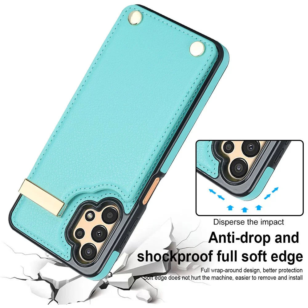 For Samsung Galaxy A13 5G / A13 4G Case TPU+PU Leather Hardware Decor Phone Cover with Card Holder - Mint Green - 4