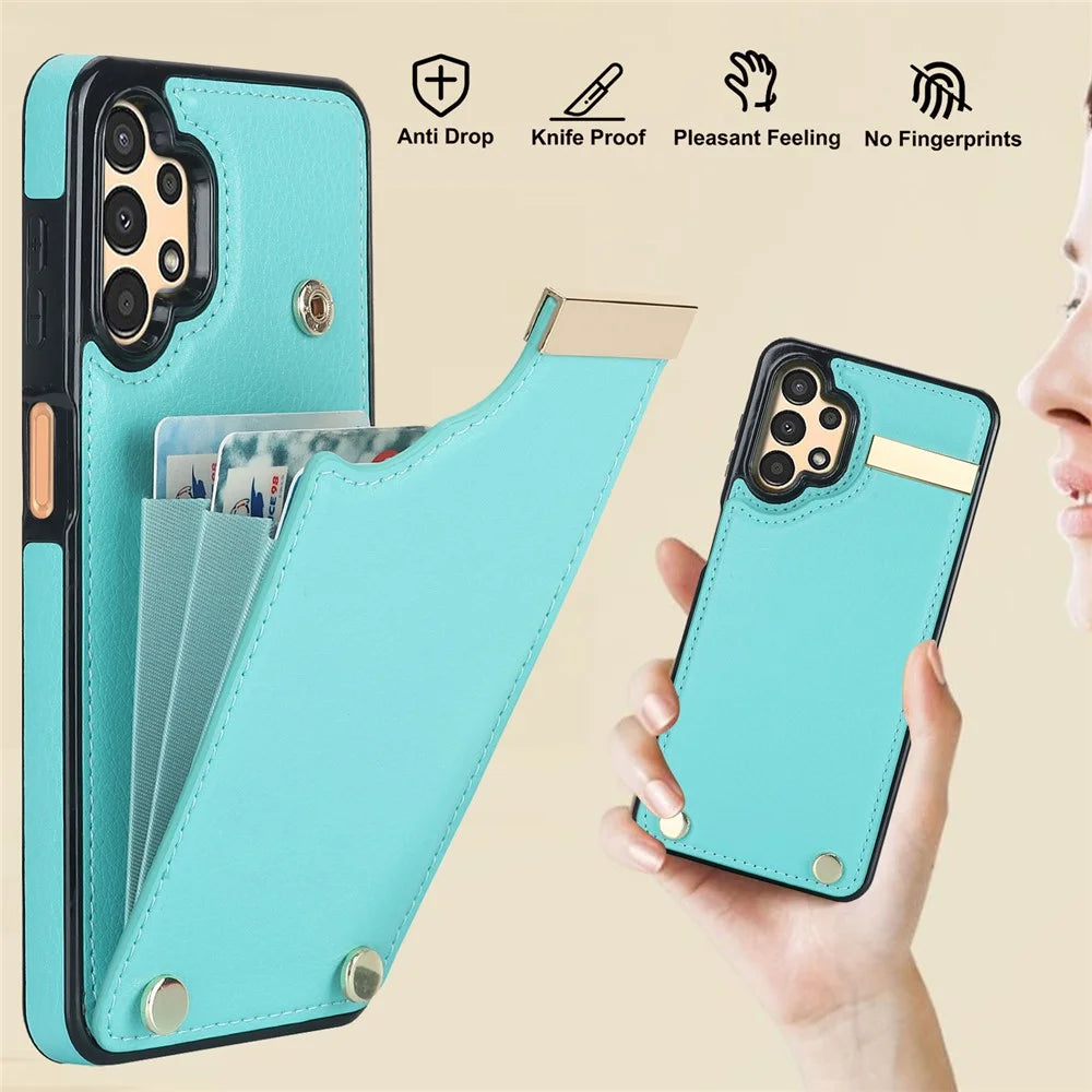 For Samsung Galaxy A13 5G / A13 4G Case TPU+PU Leather Hardware Decor Phone Cover with Card Holder - Mint Green - 5
