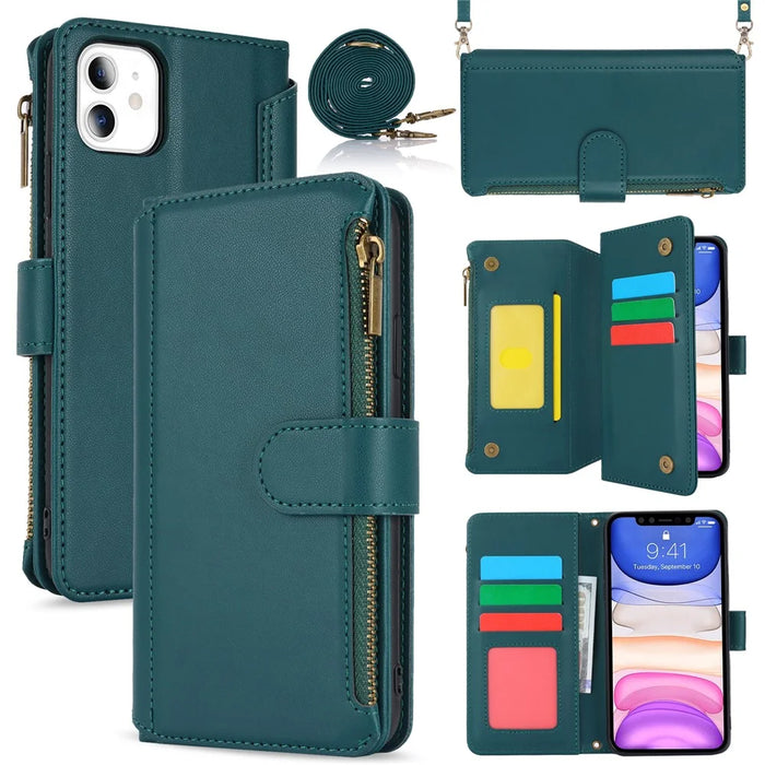Cell Phone Case for iPhone 11 Card Slots PU Leather Cover with Zipper Pocket - Blue - 1