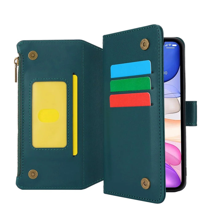 Cell Phone Case for iPhone 11 Card Slots PU Leather Cover with Zipper Pocket - Blue - 2