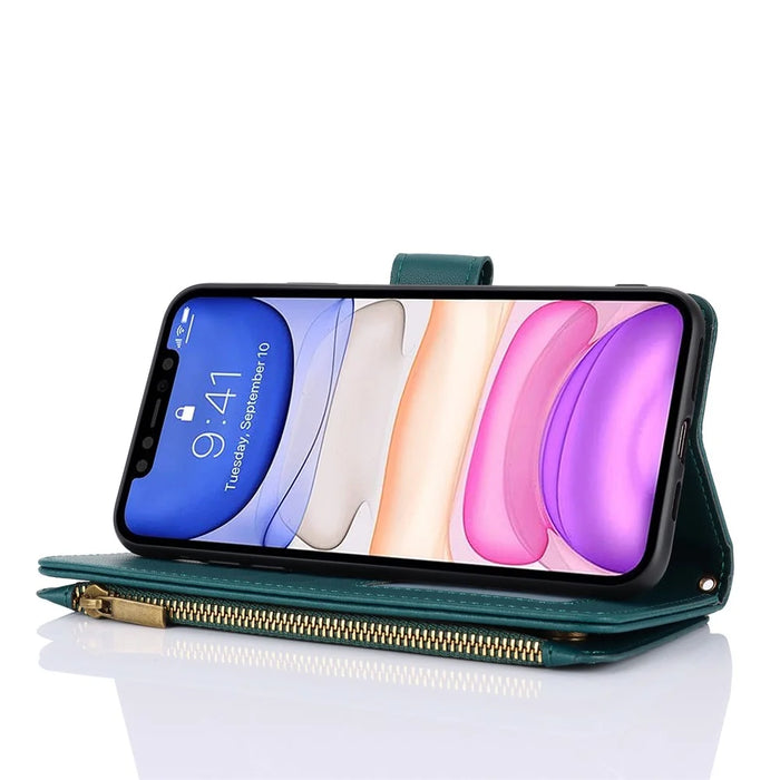 Cell Phone Case for iPhone 11 Card Slots PU Leather Cover with Zipper Pocket - Blue - 5
