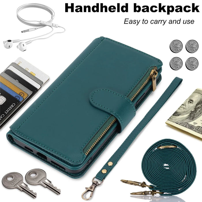 Cell Phone Case for iPhone 11 Card Slots PU Leather Cover with Zipper Pocket - Blue - 7