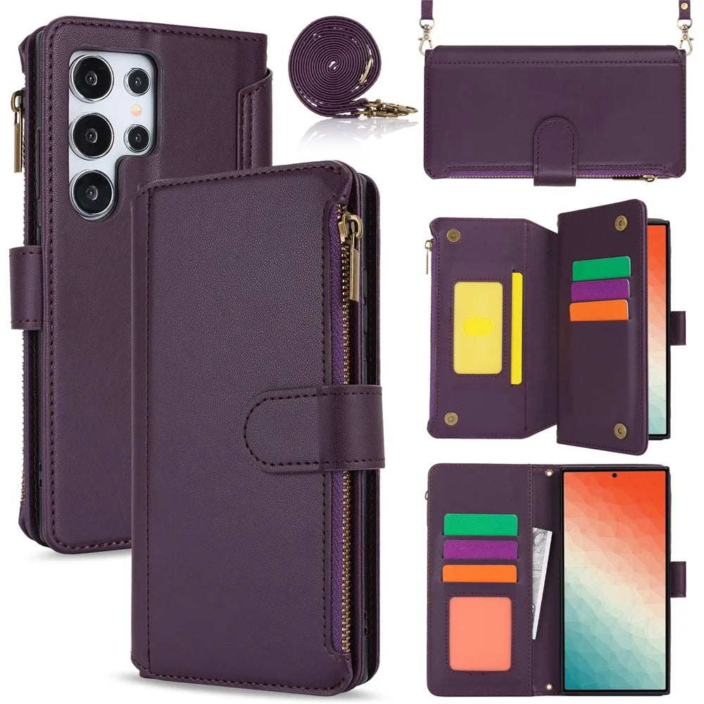 For Samsung Galaxy S24 Ultra Cell Phone Stand Case RFID Blocking Leather Flip Cover - Dark Purple - 1