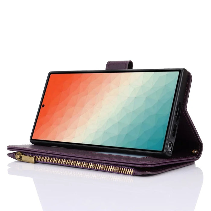 For Samsung Galaxy S24 Ultra Cell Phone Stand Case RFID Blocking Leather Flip Cover - Dark Purple - 4