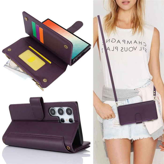 For Samsung Galaxy S24 Ultra Cell Phone Stand Case RFID Blocking Leather Flip Cover - Dark Purple - 7