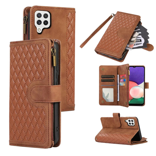 For Samsung Galaxy A12 Cell Phone Case 9 Card Slots Zipper Pocket Anti-scratch Leather Cover - Brown - 1