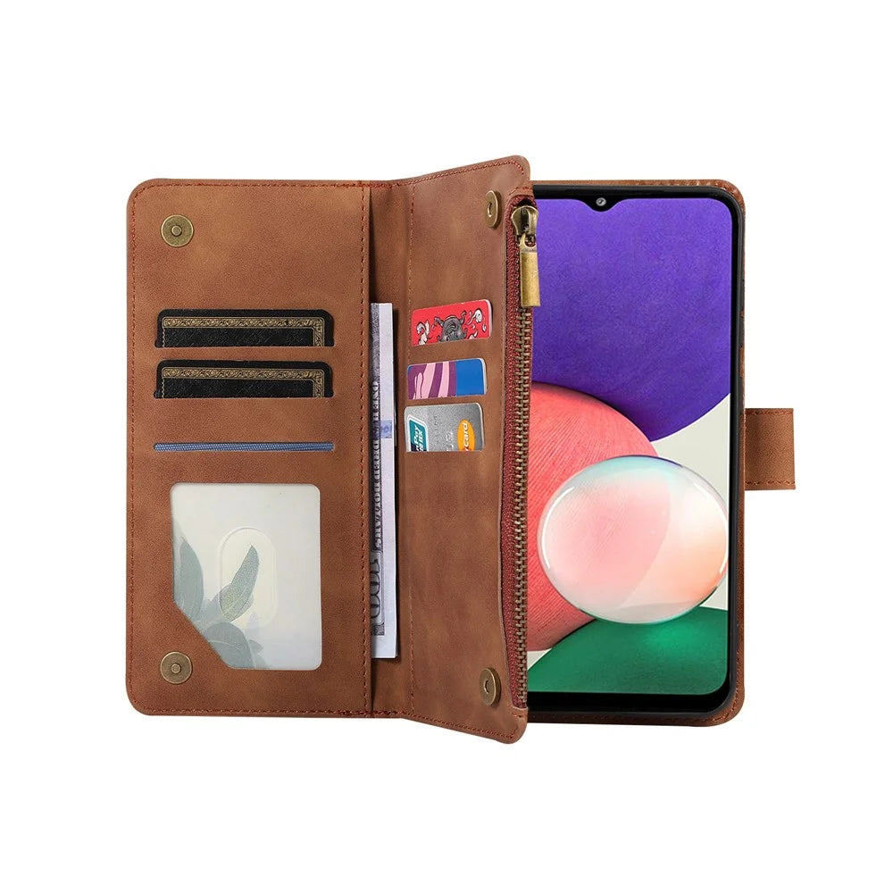 For Samsung Galaxy A12 Cell Phone Case 9 Card Slots Zipper Pocket Anti-scratch Leather Cover - Brown - 2
