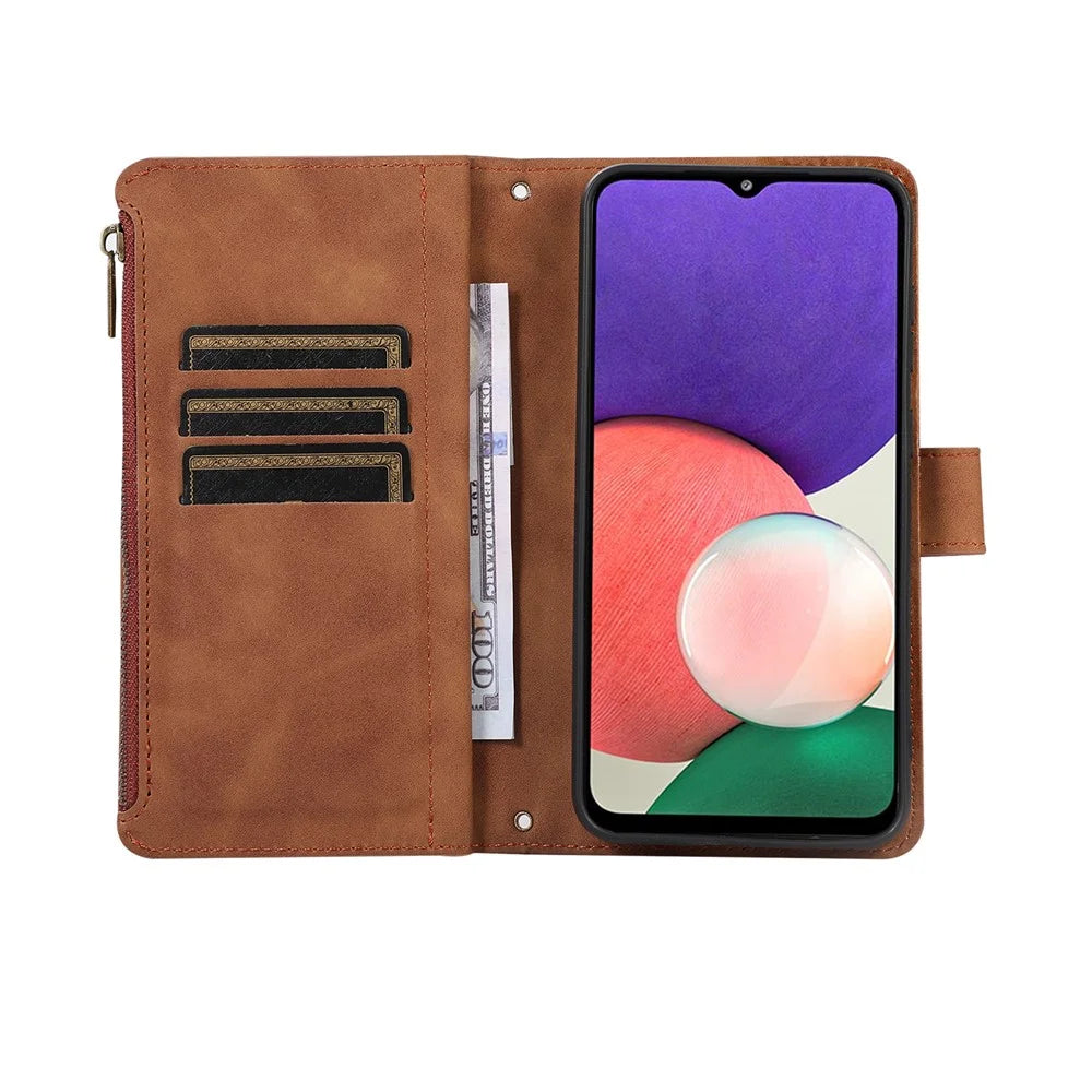 For Samsung Galaxy A12 Cell Phone Case 9 Card Slots Zipper Pocket Anti-scratch Leather Cover - Brown - 3