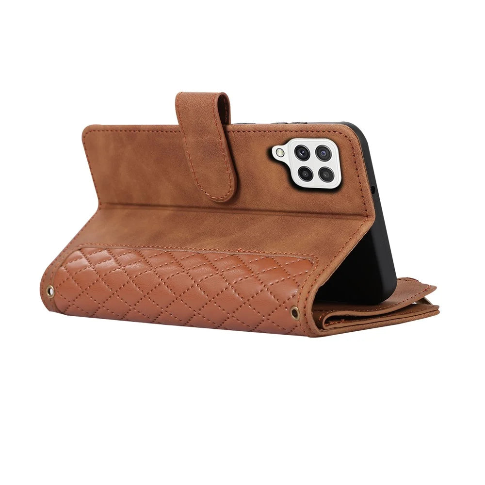 For Samsung Galaxy A12 Cell Phone Case 9 Card Slots Zipper Pocket Anti-scratch Leather Cover - Brown - 5