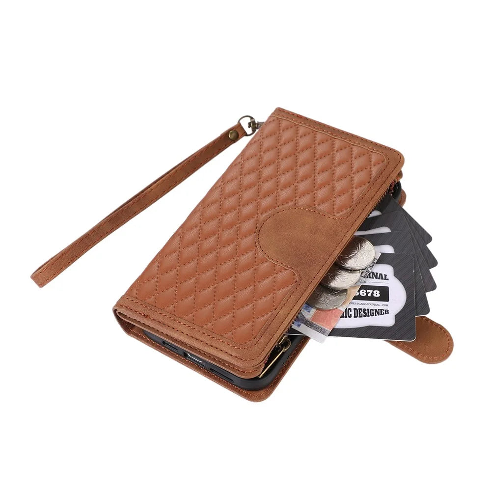 For Samsung Galaxy A12 Cell Phone Case 9 Card Slots Zipper Pocket Anti-scratch Leather Cover - Brown - 7