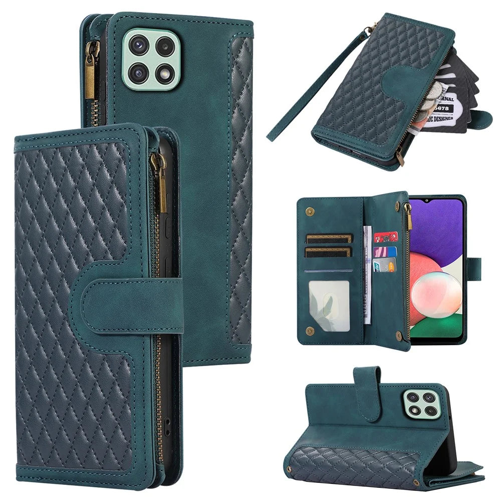 Imprinted Leather Cover for Samsung Galaxy A22 5G (EU Version) Case Zipper Pocket Card Slots Phone Shell - Green - 1