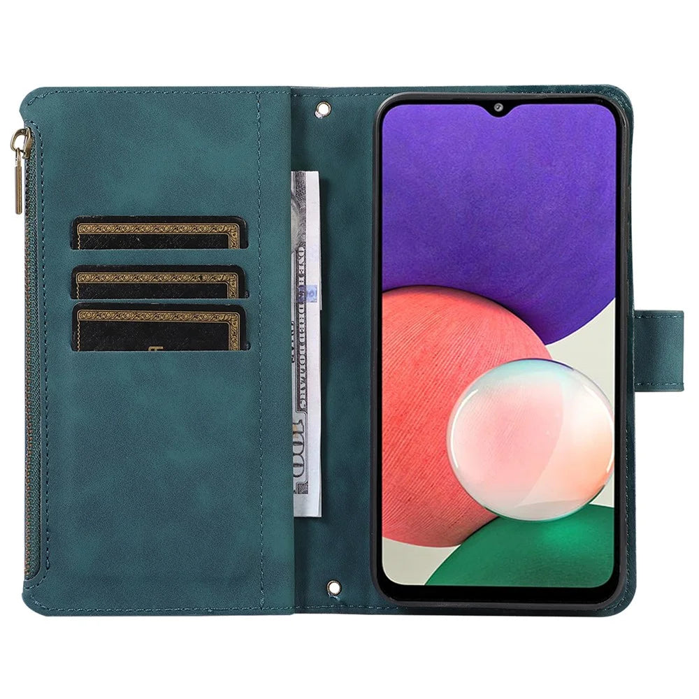 Imprinted Leather Cover for Samsung Galaxy A22 5G (EU Version) Case Zipper Pocket Card Slots Phone Shell - Green - 2