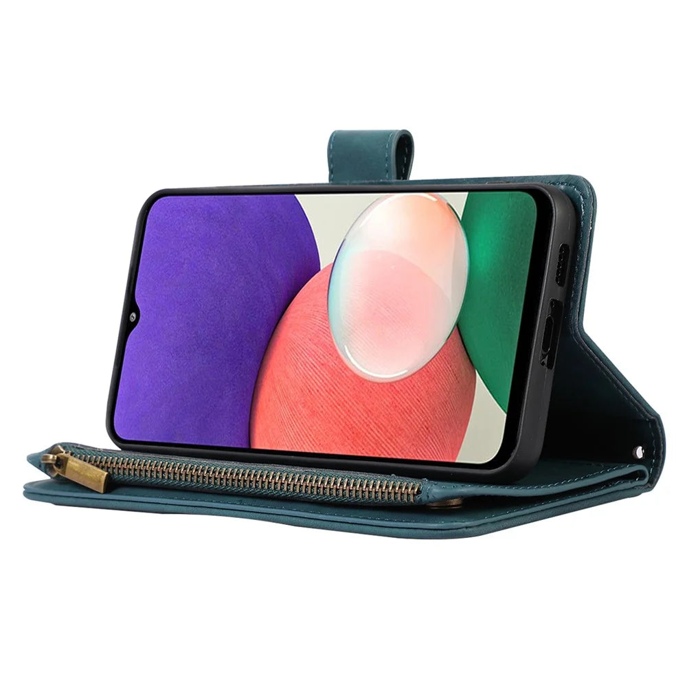 Imprinted Leather Cover for Samsung Galaxy A22 5G (EU Version) Case Zipper Pocket Card Slots Phone Shell - Green - 3