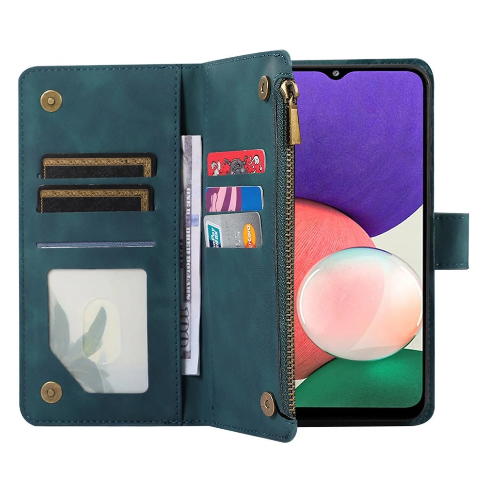Imprinted Leather Cover for Samsung Galaxy A22 5G (EU Version) Case Zipper Pocket Card Slots Phone Shell - Green - 4