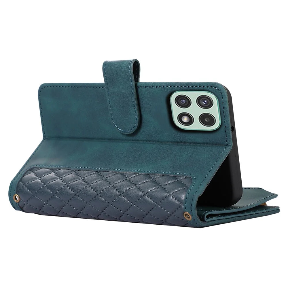 Imprinted Leather Cover for Samsung Galaxy A22 5G (EU Version) Case Zipper Pocket Card Slots Phone Shell - Green - 5