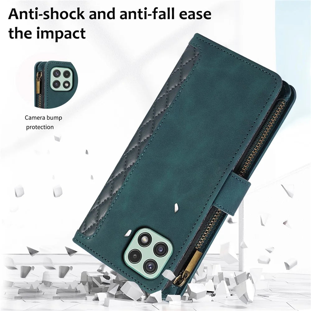 Imprinted Leather Cover for Samsung Galaxy A22 5G (EU Version) Case Zipper Pocket Card Slots Phone Shell - Green - 7