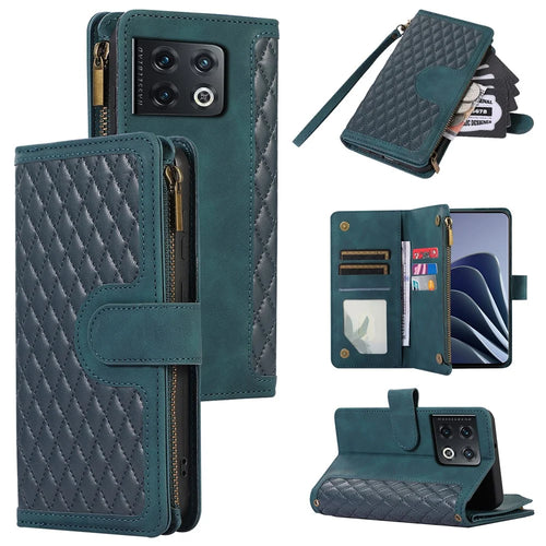 PU Leather+TPU Case for OnePlus 10 Pro 5G Shell 9 Card Slots Zipper Pocket Stand Phone Cover - Green - 1