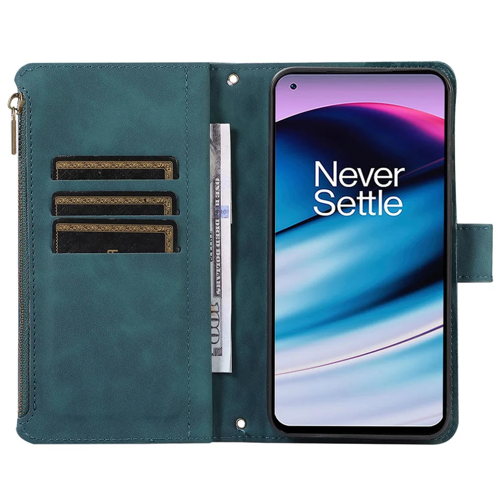 PU Leather+TPU Case for OnePlus 10 Pro 5G Shell 9 Card Slots Zipper Pocket Stand Phone Cover - Green - 2