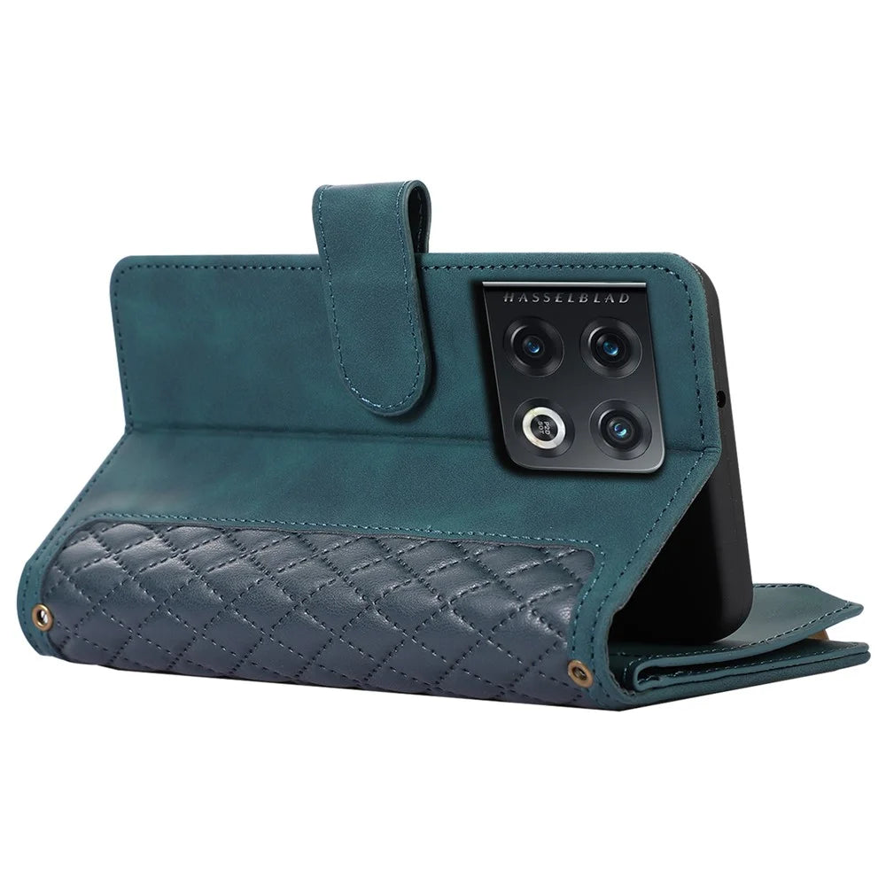 PU Leather+TPU Case for OnePlus 10 Pro 5G Shell 9 Card Slots Zipper Pocket Stand Phone Cover - Green - 5