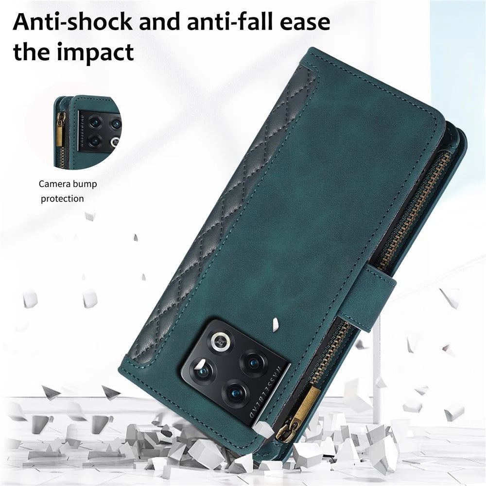 PU Leather+TPU Case for OnePlus 10 Pro 5G Shell 9 Card Slots Zipper Pocket Stand Phone Cover - Green - 7