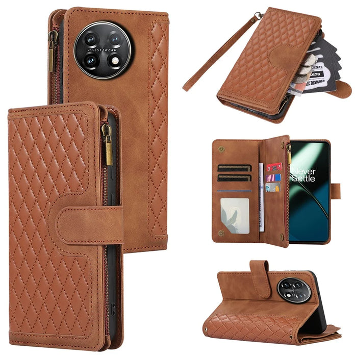 Leather Case for OnePlus 11 5G Shell Rhombus Imprint Zipper Pocket Phone Cover with Hand Strap - Brown - 1