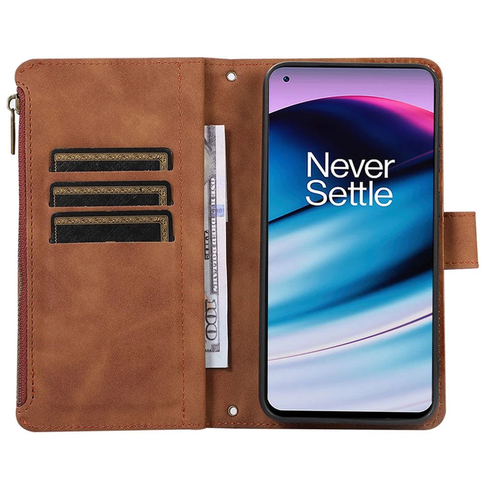 Leather Case for OnePlus 11 5G Shell Rhombus Imprint Zipper Pocket Phone Cover with Hand Strap - Brown - 2