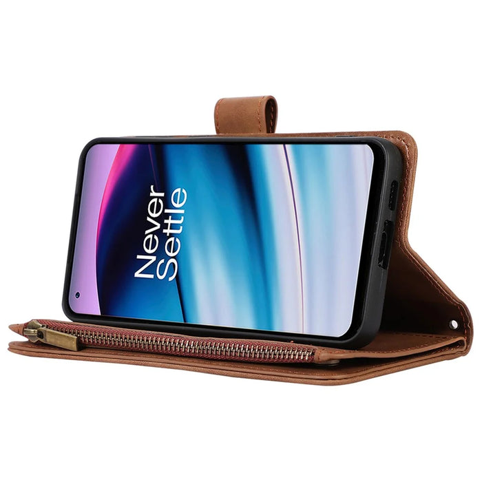 Leather Case for OnePlus 11 5G Shell Rhombus Imprint Zipper Pocket Phone Cover with Hand Strap - Brown - 3