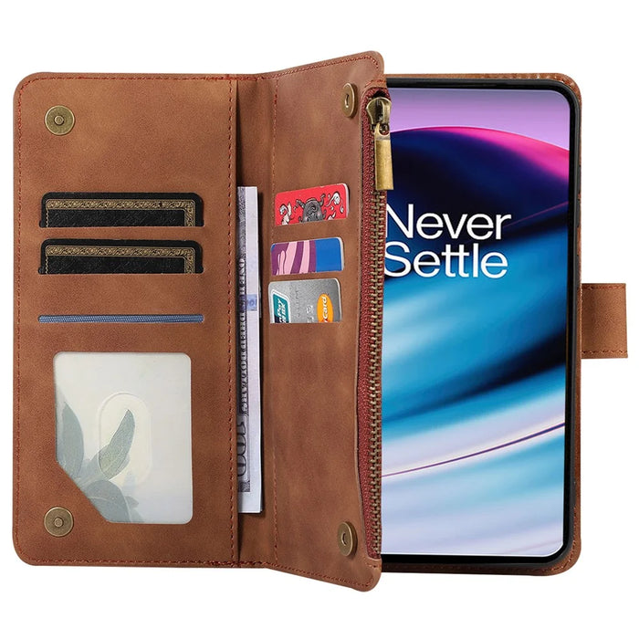 Leather Case for OnePlus 11 5G Shell Rhombus Imprint Zipper Pocket Phone Cover with Hand Strap - Brown - 4