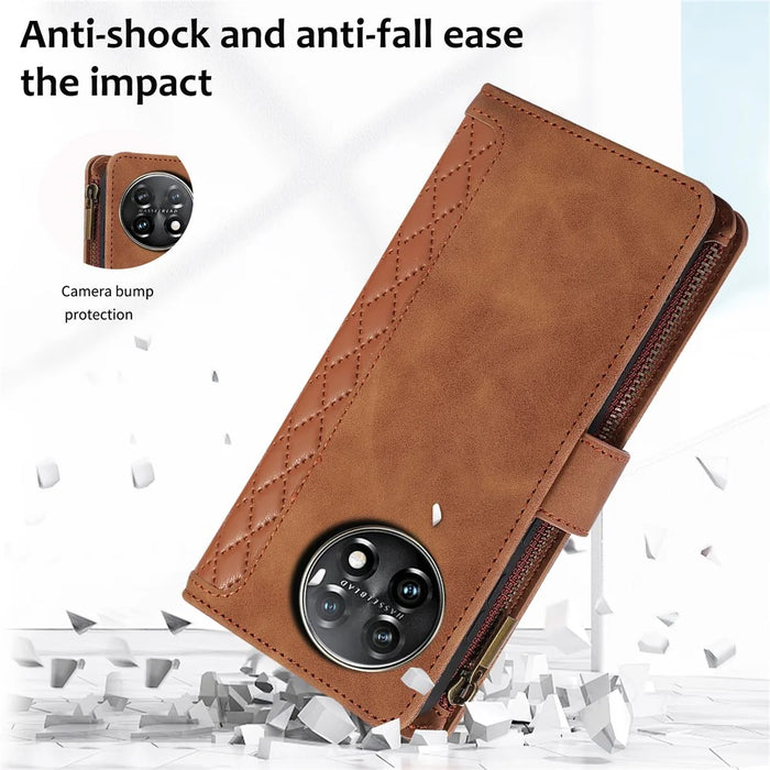 Leather Case for OnePlus 11 5G Shell Rhombus Imprint Zipper Pocket Phone Cover with Hand Strap - Brown - 6