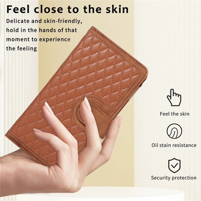 Leather Case for OnePlus 11 5G Shell Rhombus Imprint Zipper Pocket Phone Cover with Hand Strap - Brown - 7