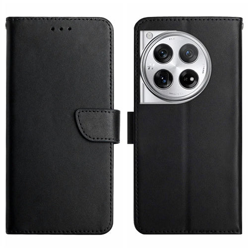 HT02 For OnePlus 12 5G Case Genuine Cow Leather Stand Wallet Cell Phone Cover - Black - 1
