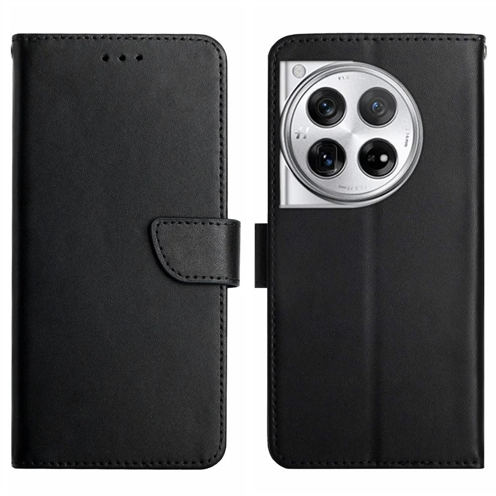 HT02 For OnePlus 12 5G Case Genuine Cow Leather Stand Wallet Cell Phone Cover - Black - 1