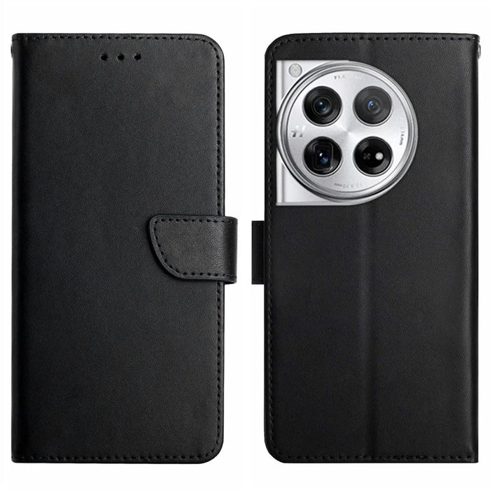 HT02 For OnePlus 12 5G Case Genuine Cow Leather Stand Wallet Cell Phone Cover - Black - 1