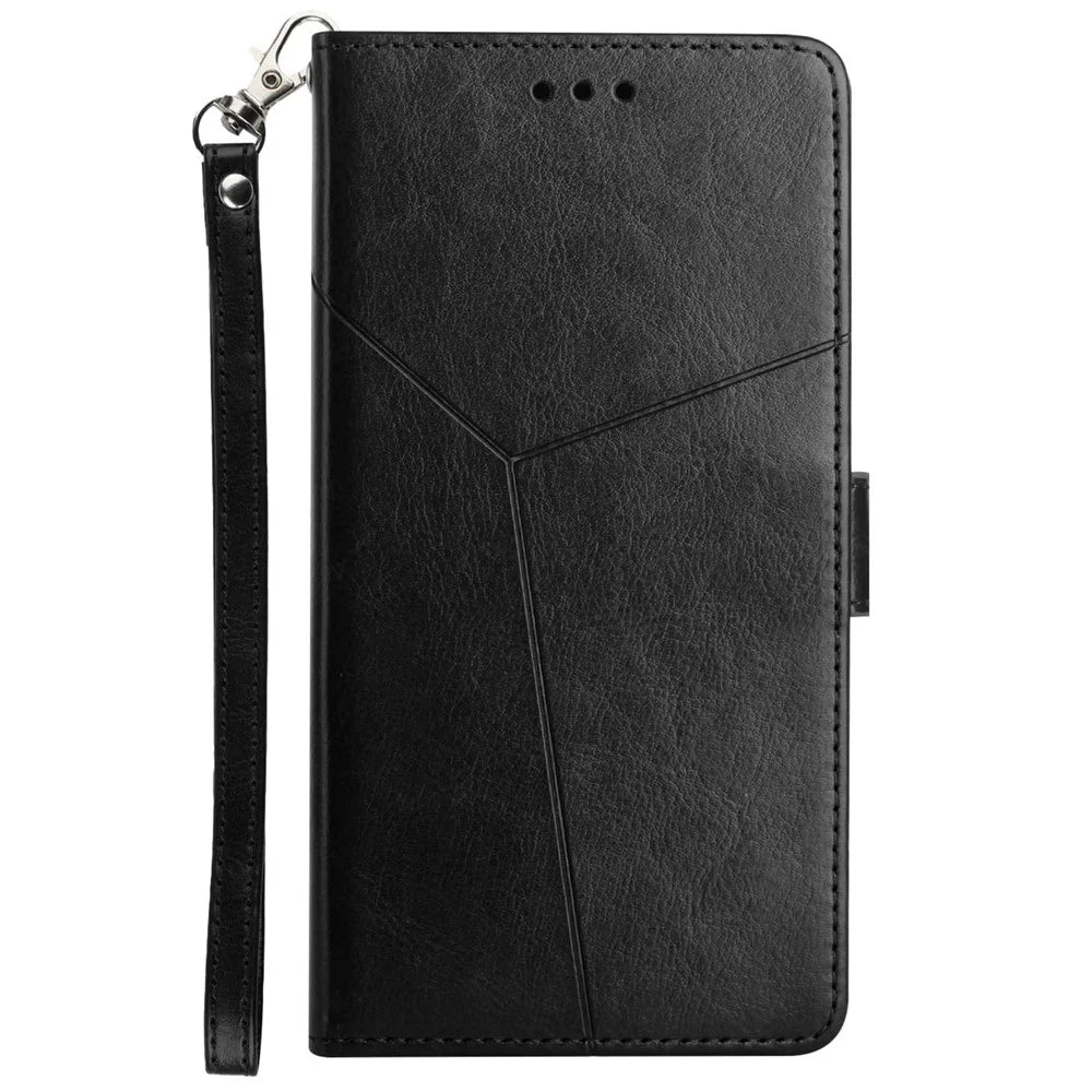 For Samsung Galaxy A55 5G Case with Wrist Strap Y Shaped Lines Imprint Leather Phone Cover - Black - 7