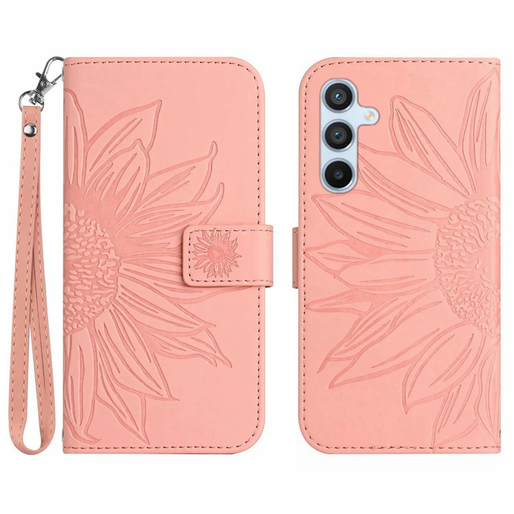 HT04 For Samsung Galaxy A35 5G Phone Case Wrist Strap Wallet Sunflower Cover - Pink - 1