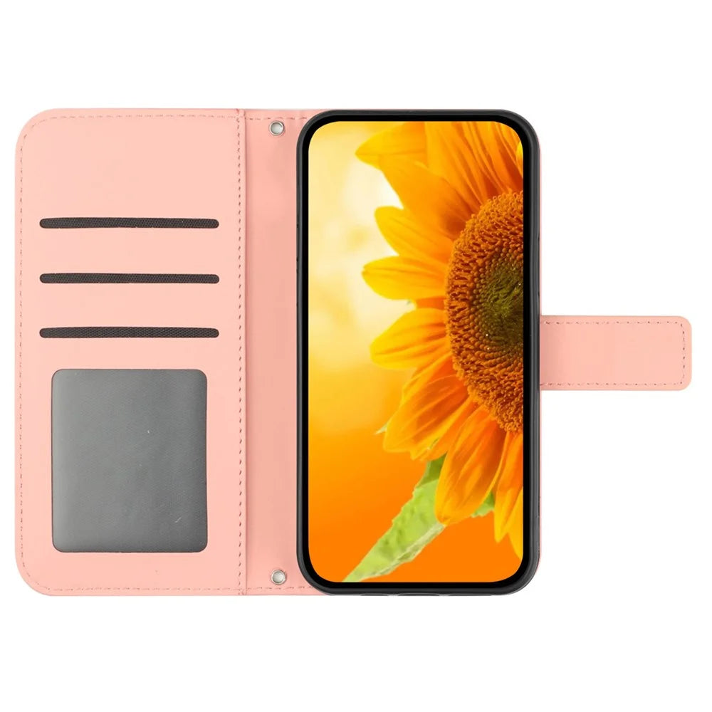 HT04 For Samsung Galaxy A35 5G Phone Case Wrist Strap Wallet Sunflower Cover - Pink - 2