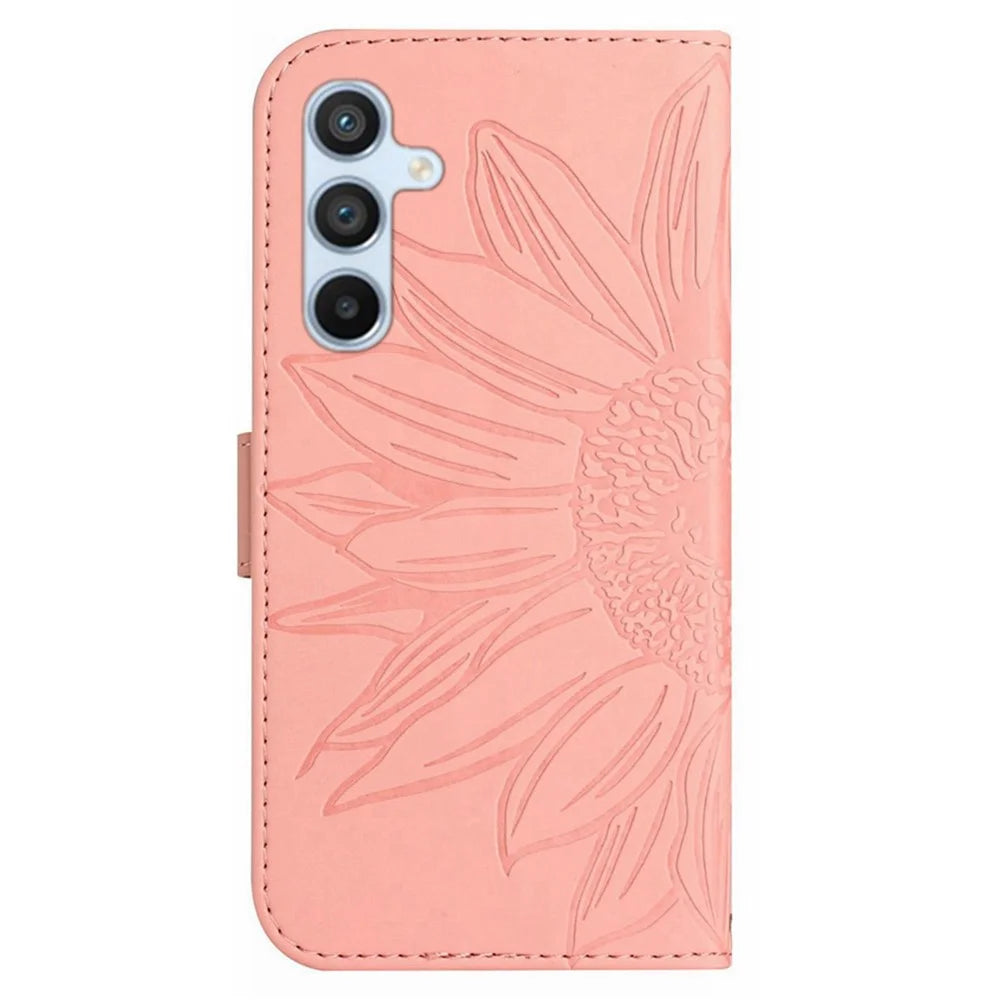 HT04 For Samsung Galaxy A35 5G Phone Case Wrist Strap Wallet Sunflower Cover - Pink - 7
