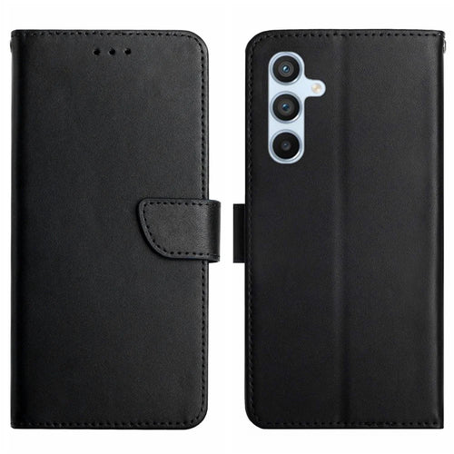 HT02 For Samsung Galaxy A35 5G Case Genuine Cow Leather Stand Phone Cover Wallet - Black - 1