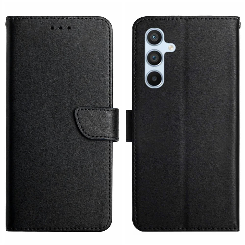 HT02 For Samsung Galaxy A35 5G Case Genuine Cow Leather Stand Phone Cover Wallet - Black - 1