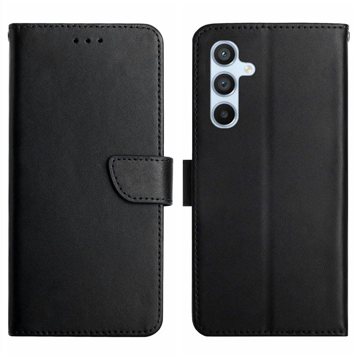HT02 For Samsung Galaxy A35 5G Case Genuine Cow Leather Stand Phone Cover Wallet - Black - 1