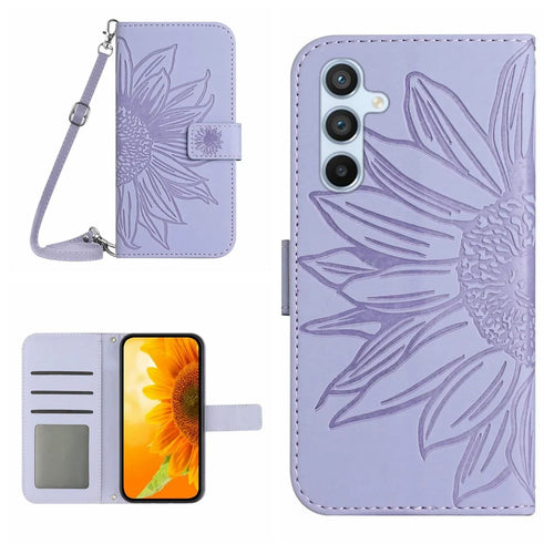 HT04 For Samsung Galaxy A35 5G Crossbody Phone Case PU Leather Sunflower Stand Cover - Light Purple - 1