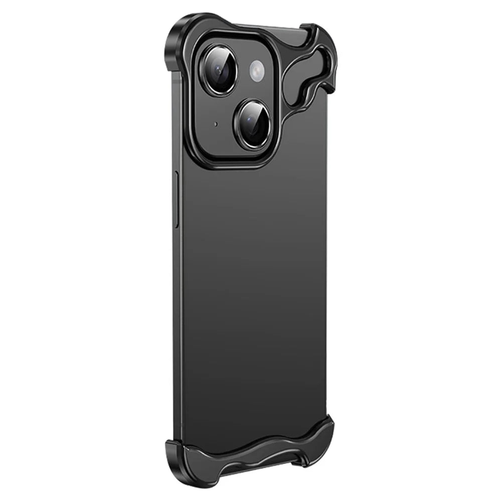 For iPhone 14 Frameless Bumper Case Aluminium Alloy Four Corners Shockproof Phone Cover - Black - 1