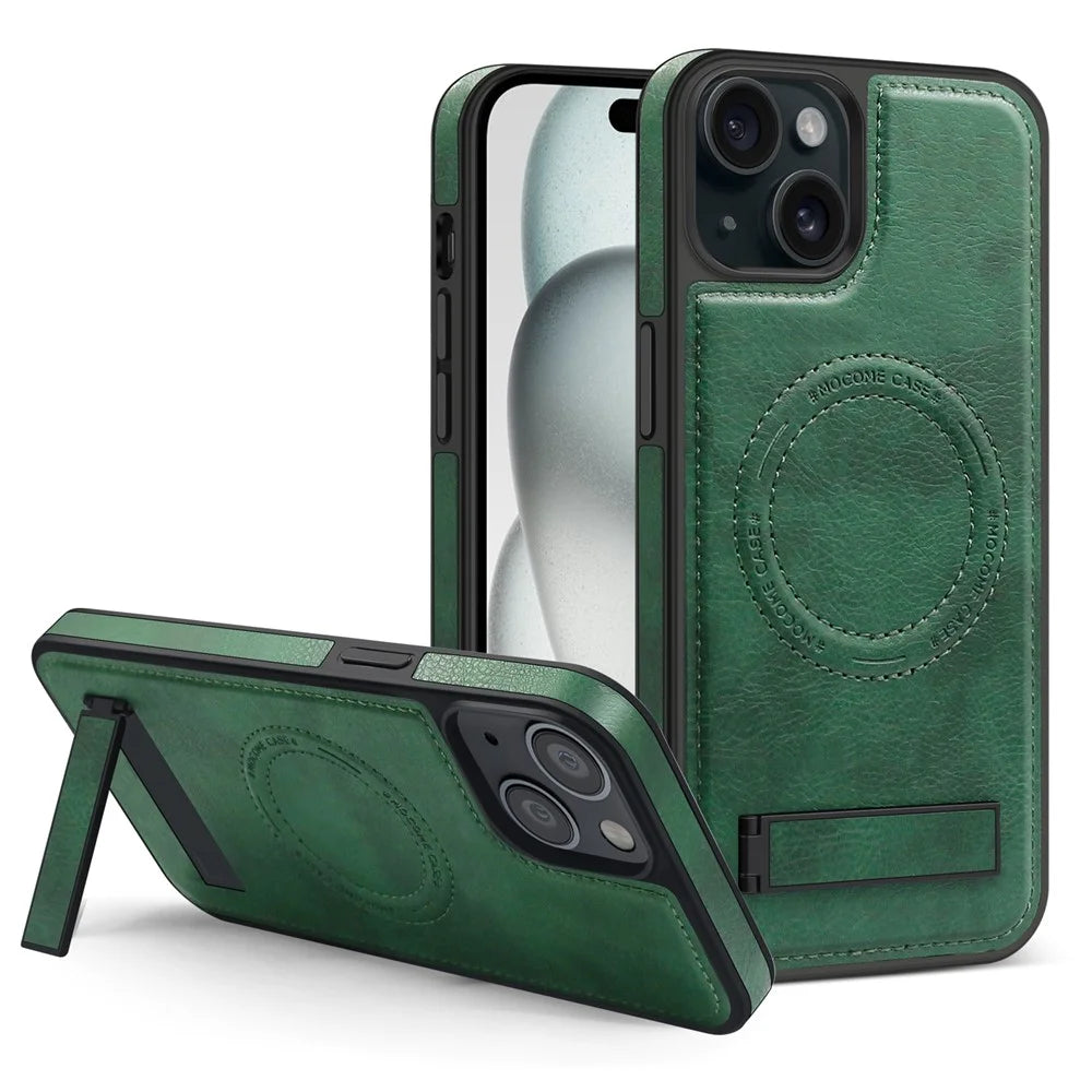 For iPhone 15 Plus Case Compatible with MagSafe Kickstand Leather Phone Back Cover - Blackish Green - 1