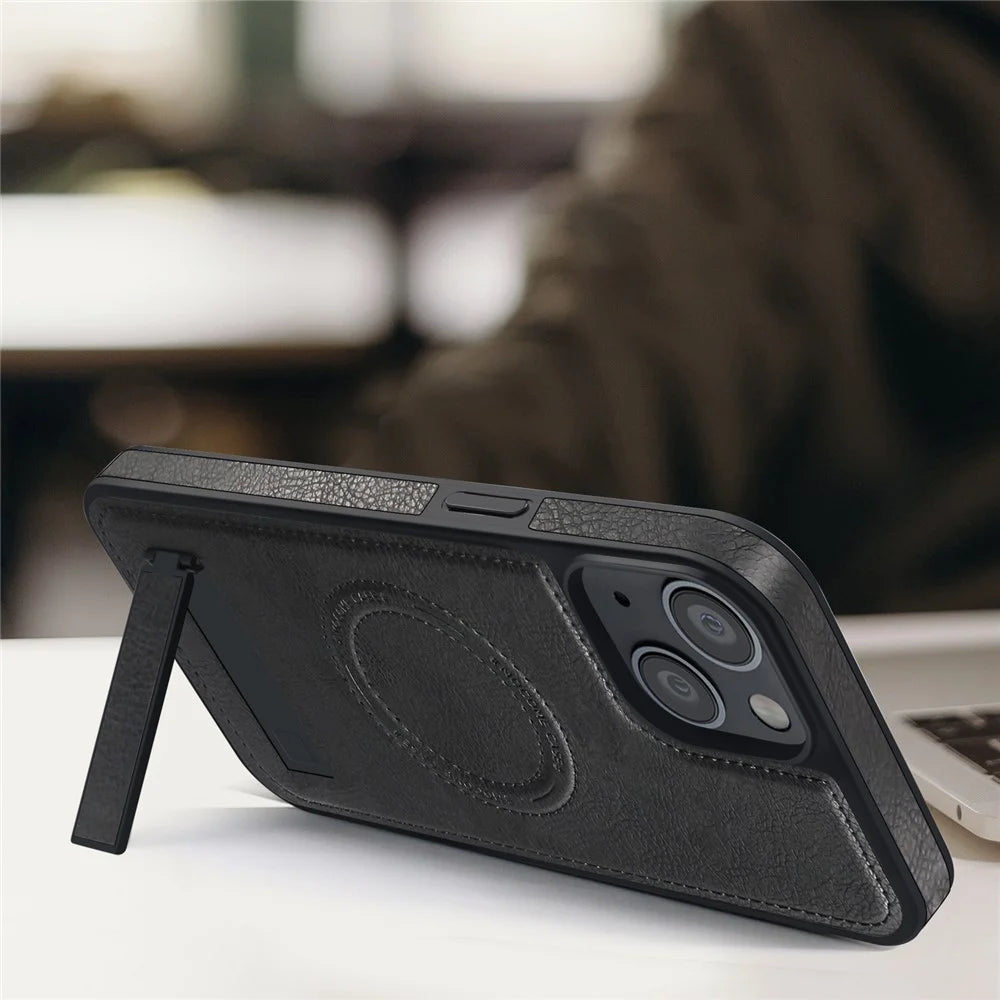 For iPhone 15 Plus Case Compatible with MagSafe Kickstand Leather Phone Back Cover - Blackish Green - 5
