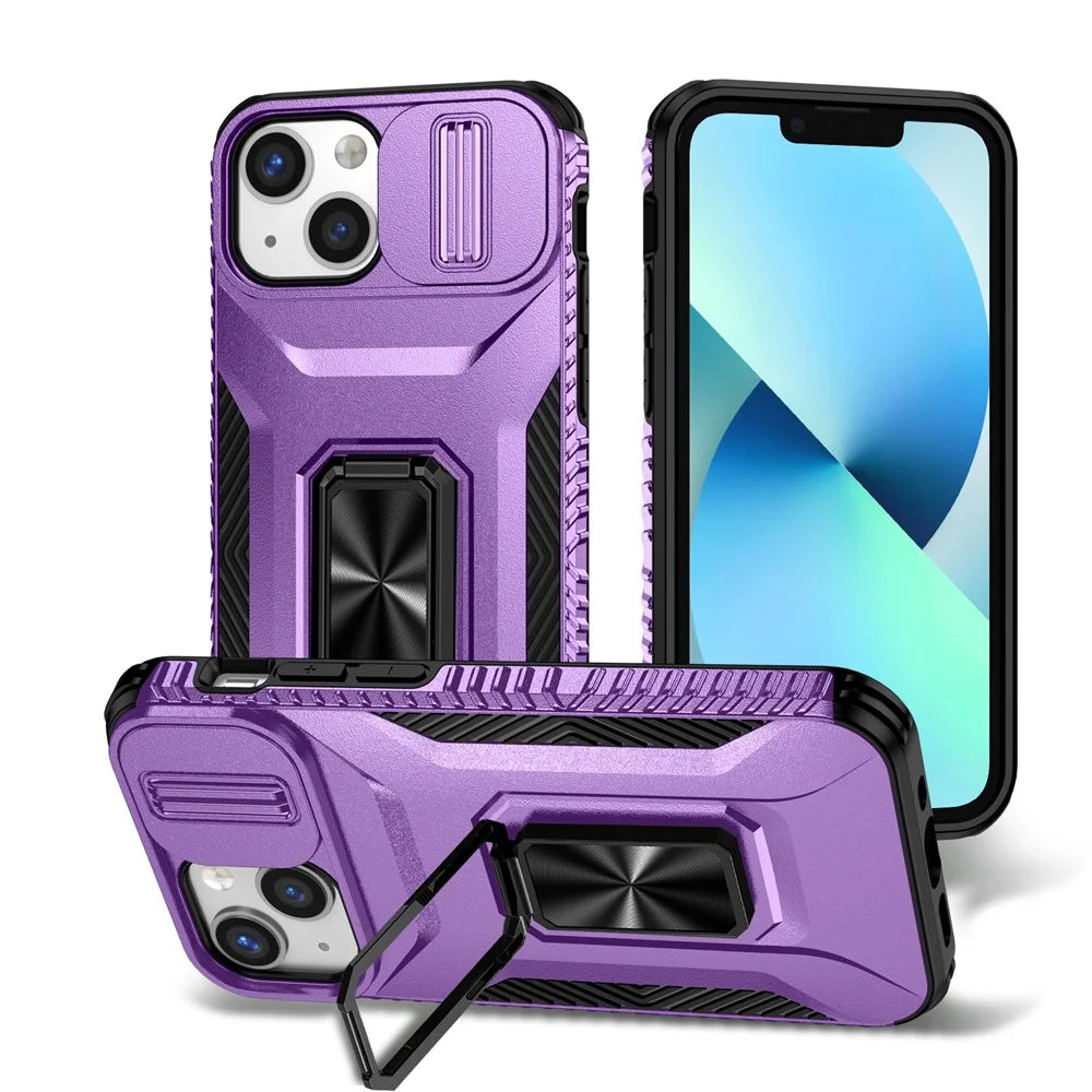 For iPhone 12 mini / 13 mini Phone Case Rotate Ring Kickstand Cover Slide Lens Protection - Purple - 1