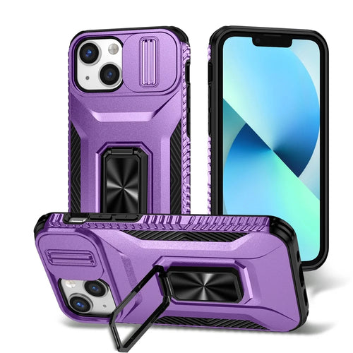 For iPhone 12 mini / 13 mini Phone Case Rotate Ring Kickstand Cover Slide Lens Protection - Purple - 1