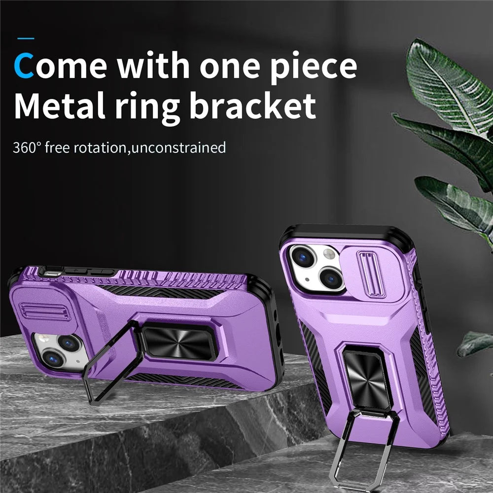 For iPhone 12 mini / 13 mini Phone Case Rotate Ring Kickstand Cover Slide Lens Protection - Purple - 2