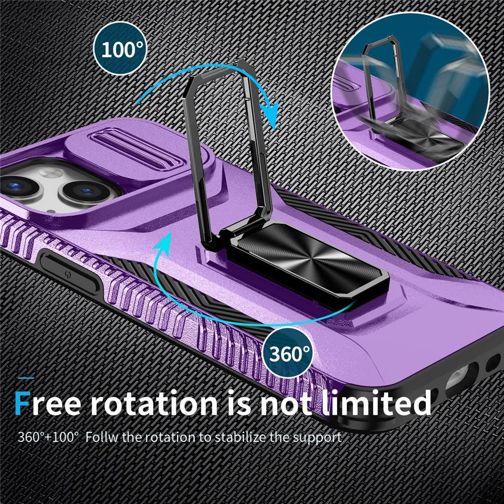 For iPhone 12 mini / 13 mini Phone Case Rotate Ring Kickstand Cover Slide Lens Protection - Purple - 4