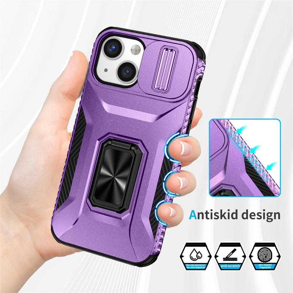 For iPhone 12 mini / 13 mini Phone Case Rotate Ring Kickstand Cover Slide Lens Protection - Purple - 5